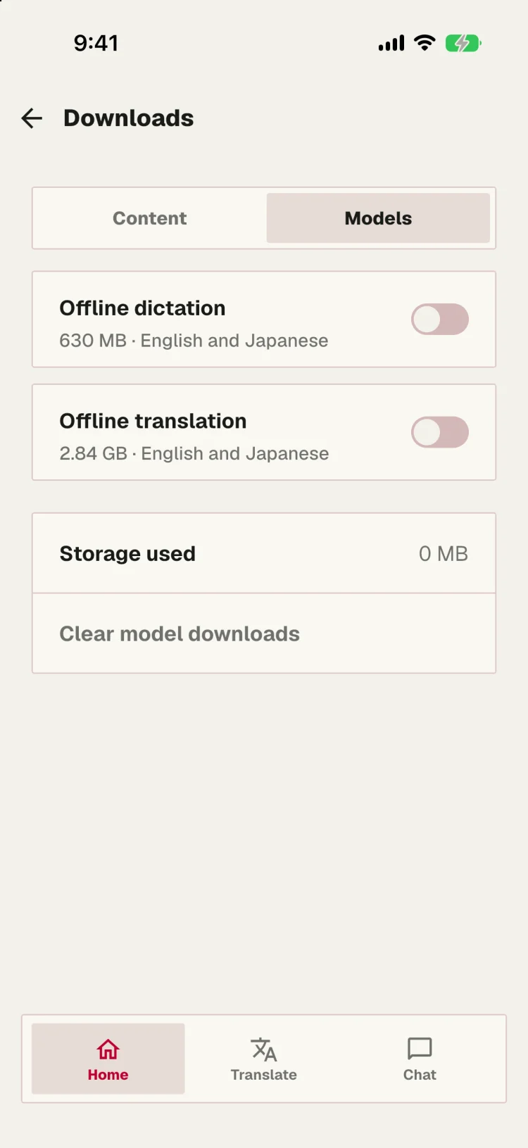The Downloads models tab with offline dictation and offline translation