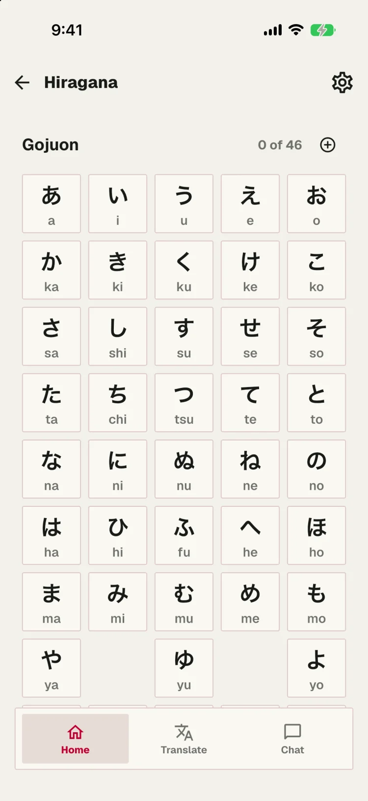 The hiragana gojūon chart with the romaji reading under each character